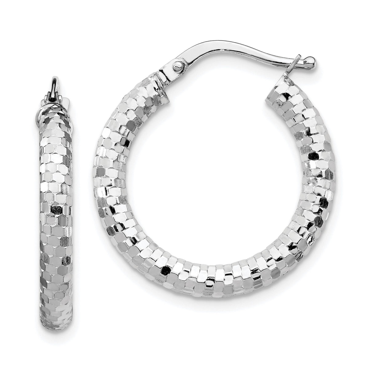 14k White Gold Hoop Earrings, Faceted Hexagon Textured Design, Lightweight Contemporary Style