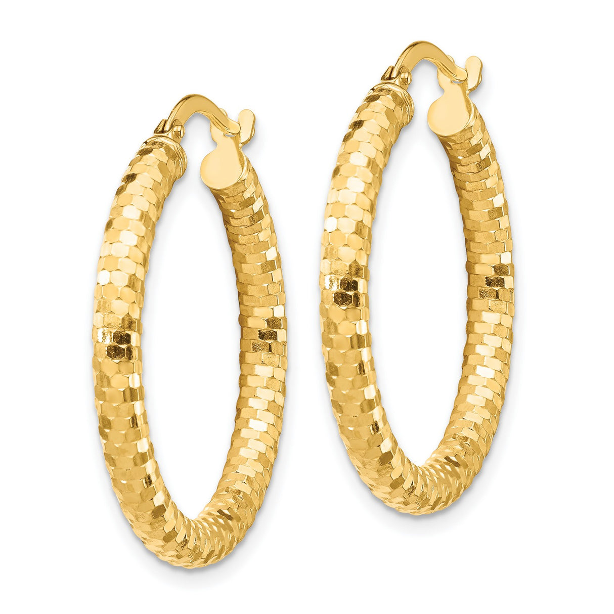 14k Yellow Gold Hoop Earrings, Textured Diamond-Cut Round Hoops with Polished Finish