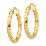 14k Yellow Gold Hoop Earrings, Textured Diamond-Cut Round Hoops with Polished Finish