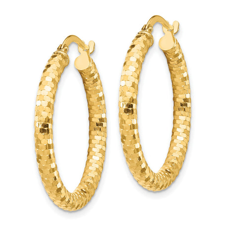 14k Yellow Gold Hoop Earrings, Textured Diamond-Cut Round Hoops with Polished Finish