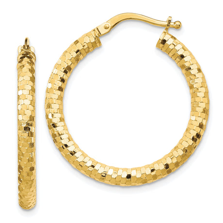 14k Yellow Gold Hoop Earrings, Textured Diamond-Cut Round Hoops with Polished Finish