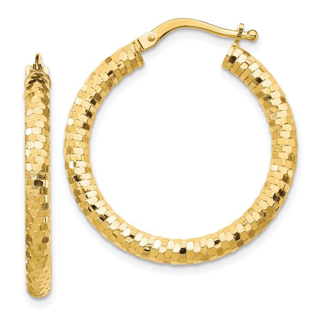 14k Yellow Gold Hoop Earrings, Textured Diamond-Cut Round Hoops with Polished Finish