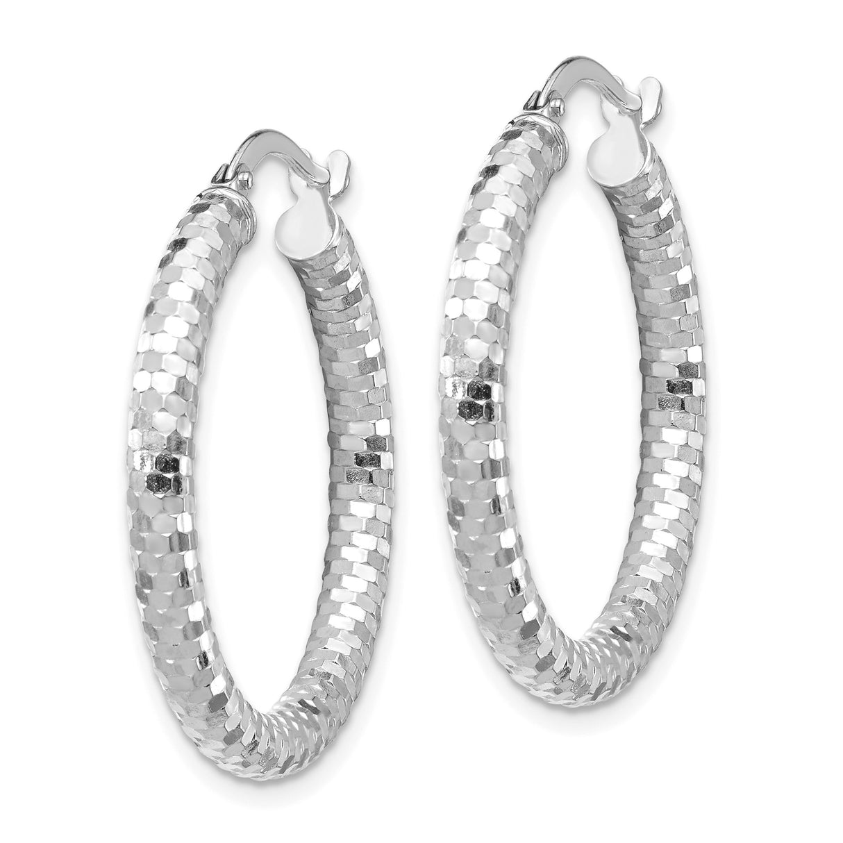 14k White Gold Hoop Earrings, Textured Diamond Cut with Polished Finish