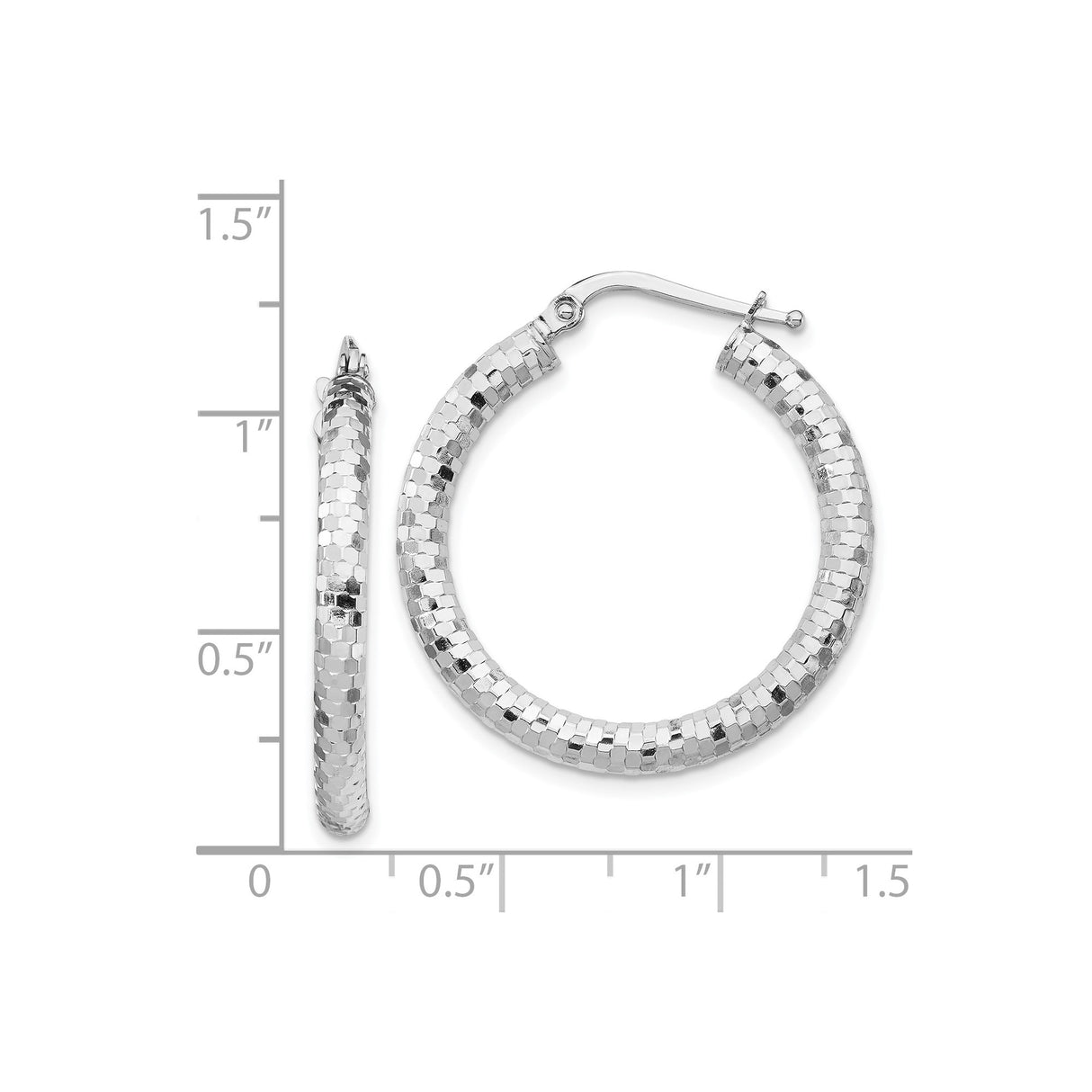 14k White Gold Hoop Earrings, Textured Diamond Cut with Polished Finish