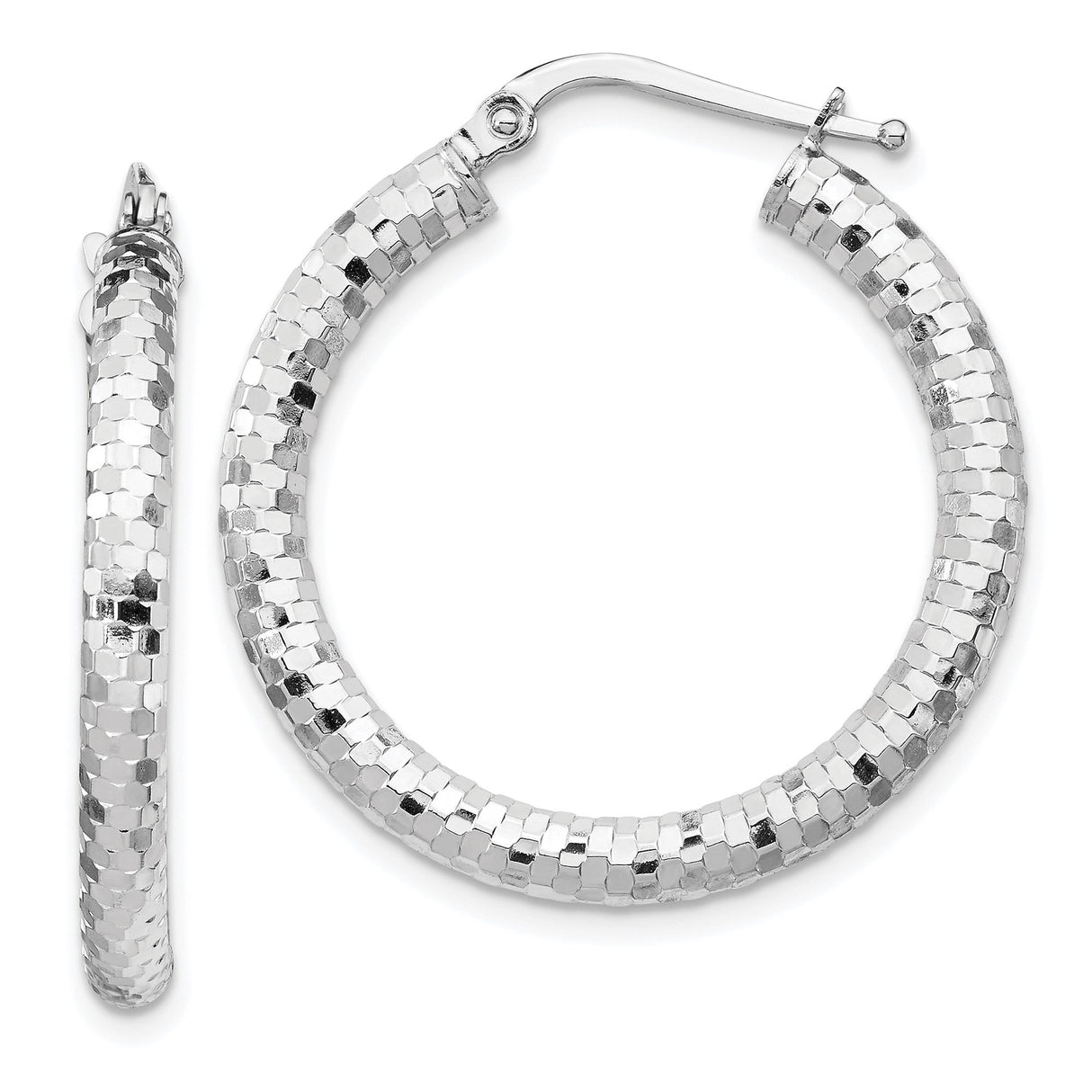 14k White Gold Hoop Earrings, Textured Diamond Cut with Polished Finish