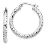 14k White Gold Hoop Earrings, Textured Diamond Cut with Polished Finish