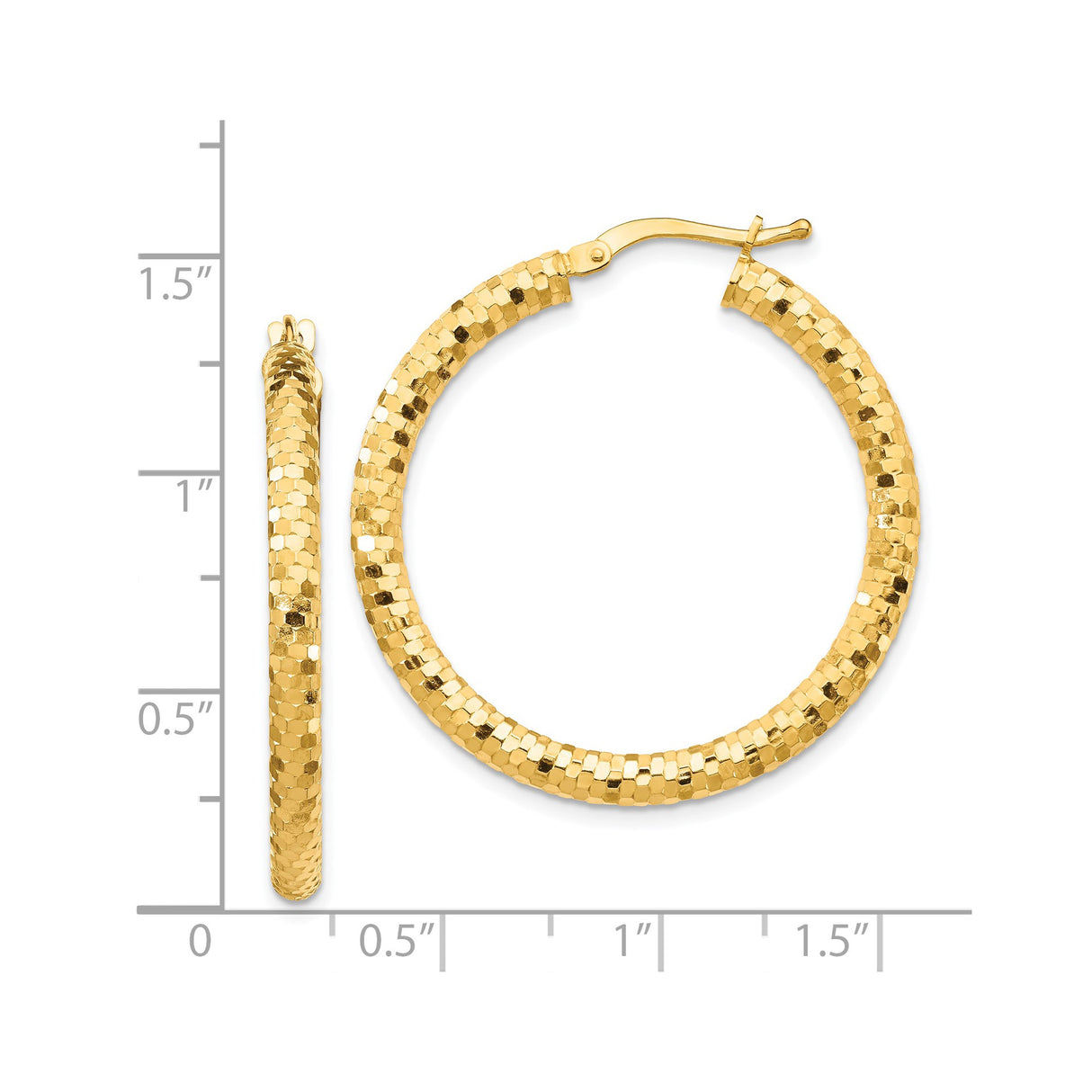 14k Yellow Gold Hoop Earrings, Textured Diamond Cut with High Polish Finish