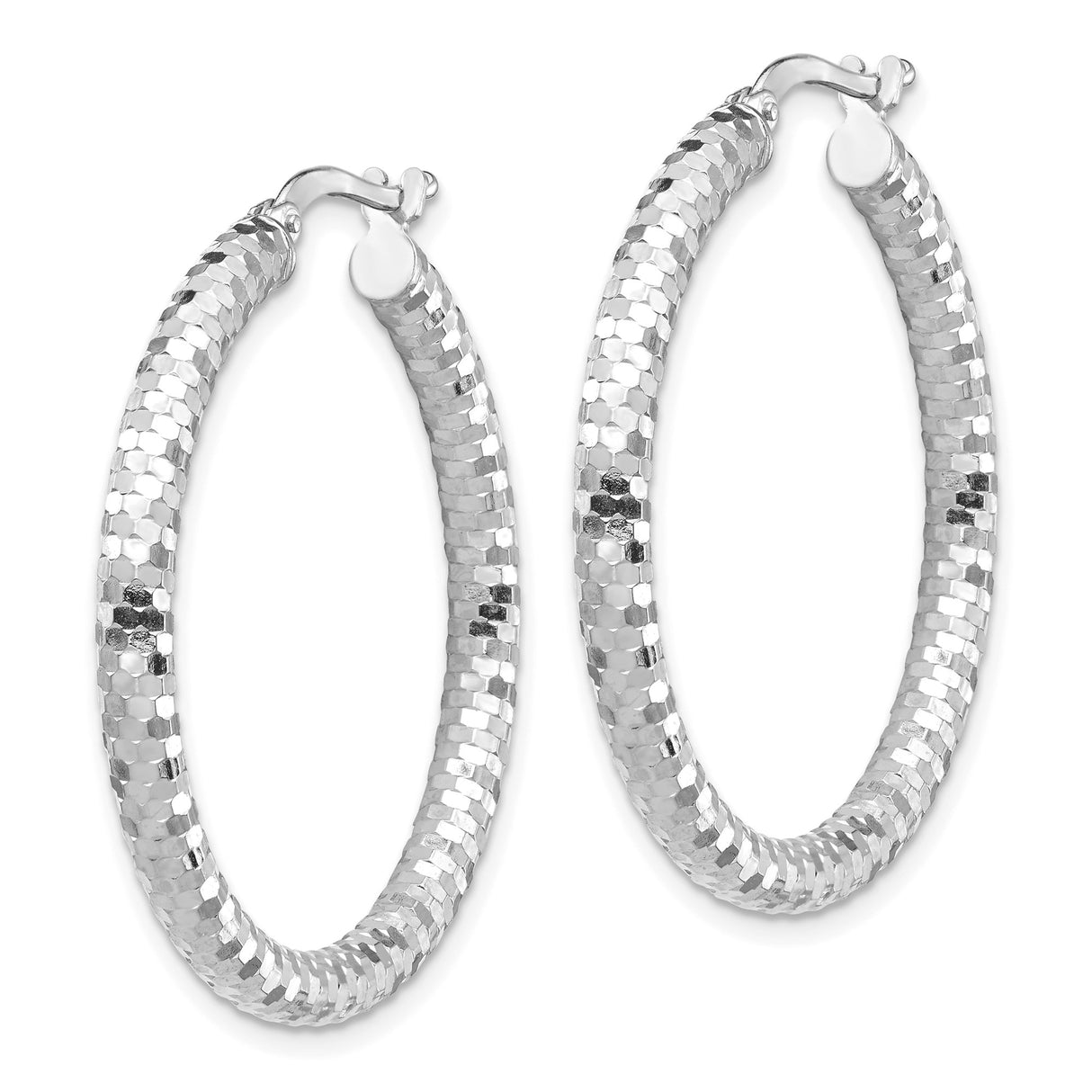 14k White Gold Hoop Earrings with Faceted Diamond Cut and Textured Glitter Finish