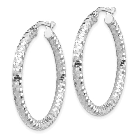 14k White Gold Hoop Earrings with Faceted Diamond Cut and Textured Glitter Finish