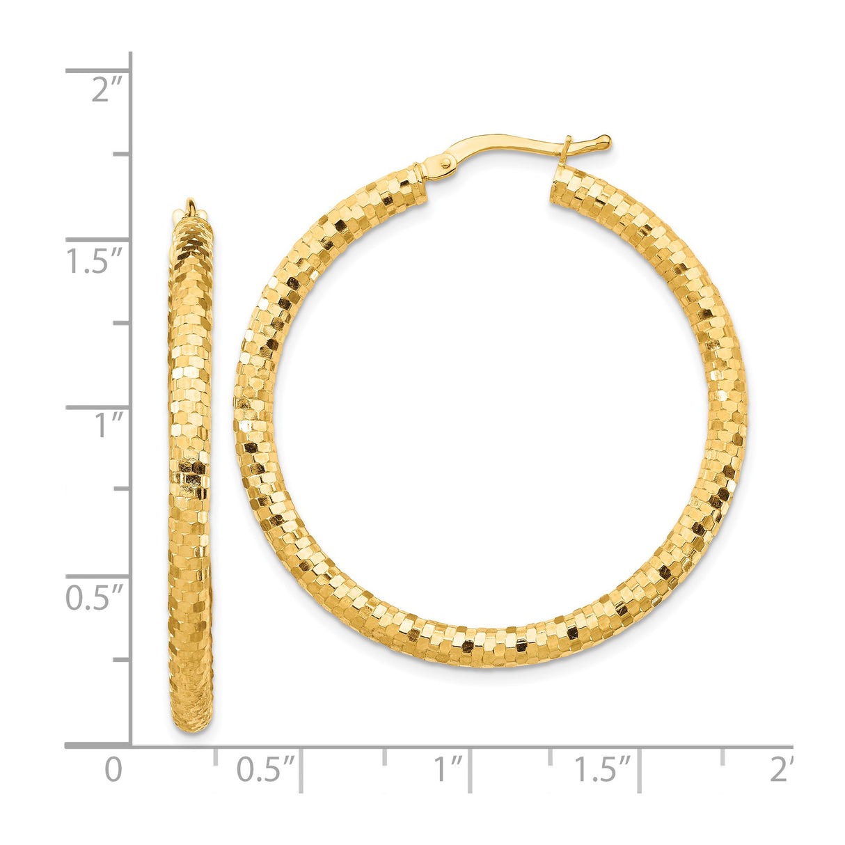 14k Yellow Gold Hoop Earrings, Large Round Textured Diamond-Cut Shimmer Finish