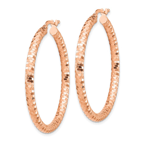 14k Rose Gold Hoop Earrings, Textured Diamond Cut Classic Polished Style for Women