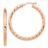 14k Rose Gold Hoop Earrings, Textured Diamond Cut Classic Polished Style for Women