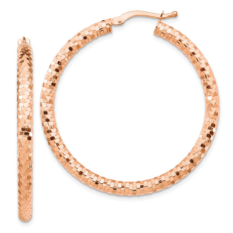 14k Rose Gold Hoop Earrings, Textured Diamond Cut Classic Polished Style for Women