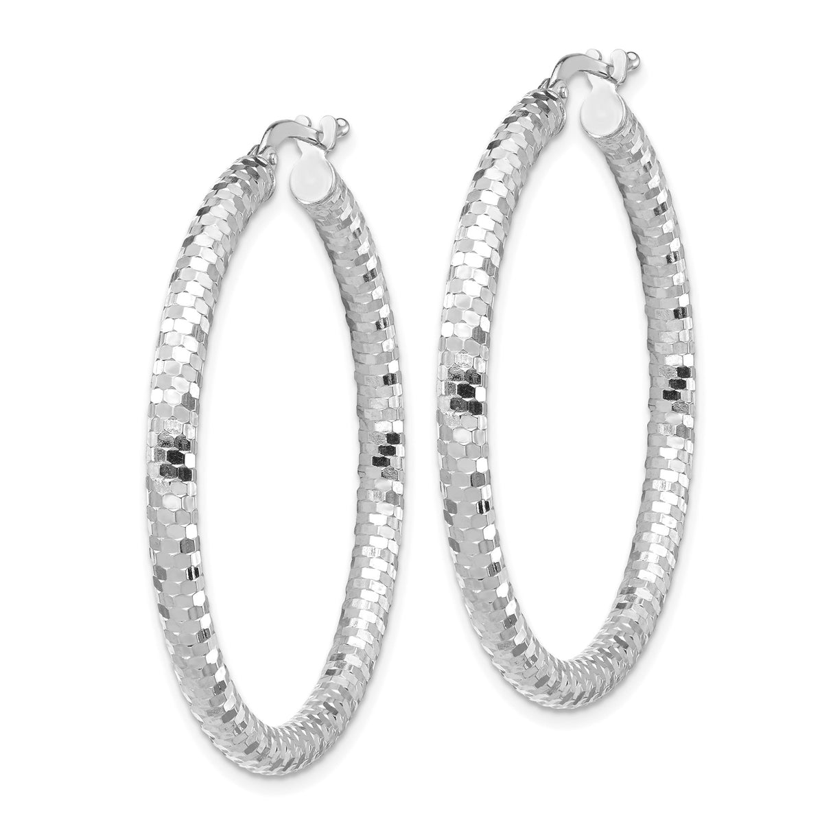 14k White Gold Hoop Earrings, Textured Diamond Cut Round Hoops with High Polish Finish