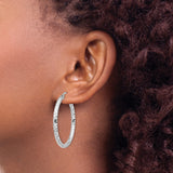 14k White Gold Hoop Earrings, Textured Diamond Cut Round Hoops with High Polish Finish