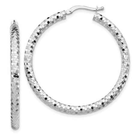 14k White Gold Hoop Earrings, Textured Diamond Cut Round Hoops with High Polish Finish