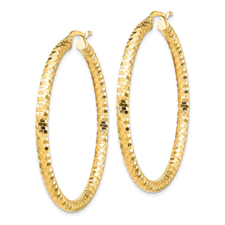 14k Yellow Gold Hoop Earrings, Diamond Cut Faceted Round Hoops with Latch Back