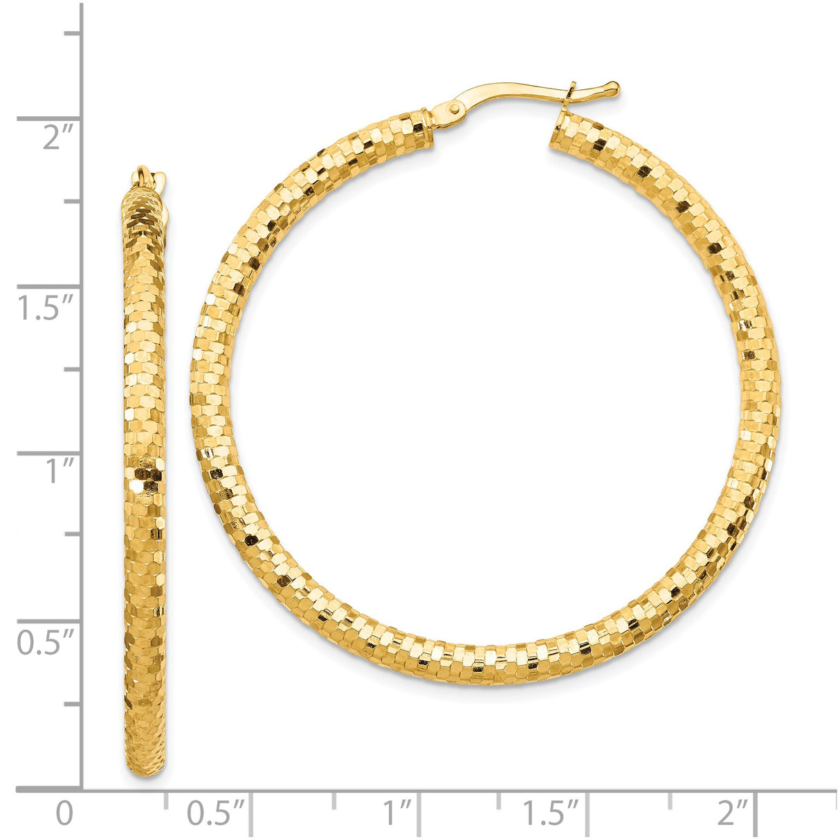 14k Yellow Gold Hoop Earrings, Diamond Cut Faceted Round Hoops with Latch Back