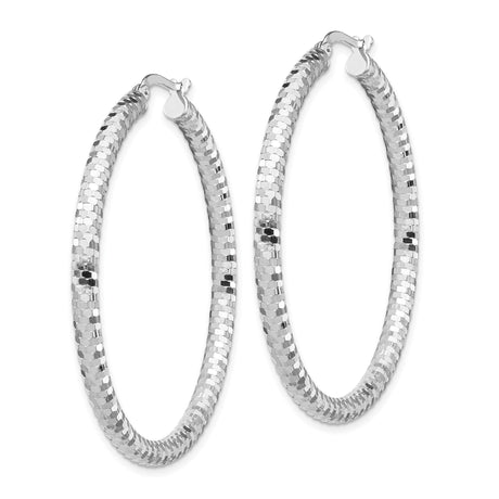 14k White Gold Hoop Earrings, Large Diamond Cut Textured Finish, Lightweight Bold Design