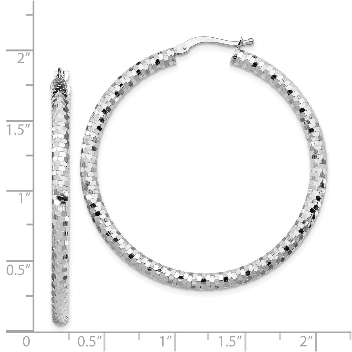14k White Gold Hoop Earrings, Large Diamond Cut Textured Finish, Lightweight Bold Design
