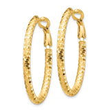 14k Yellow Gold Hoop Earrings, Textured Diamond-Cut Oval Design with Hinged Clasp