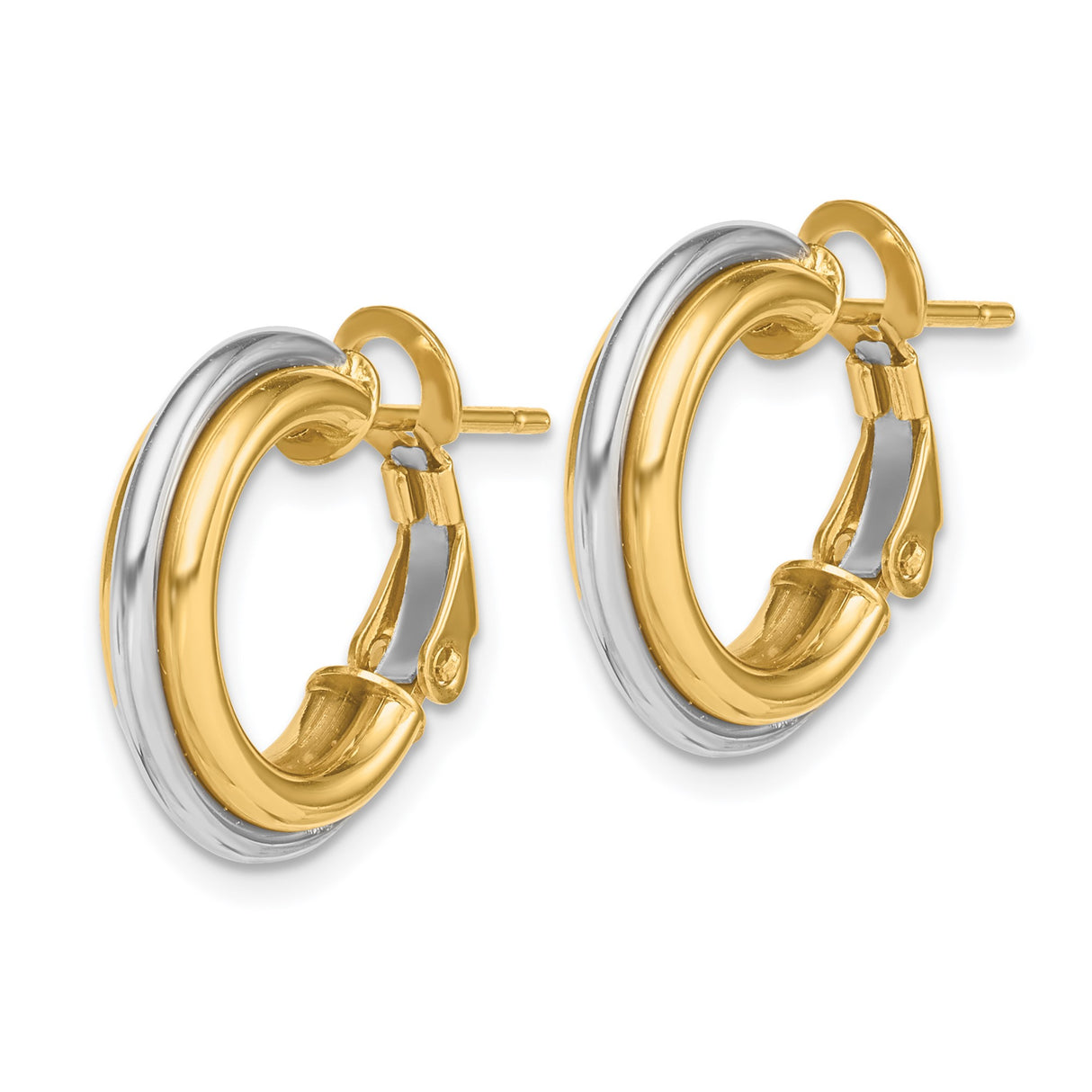14k Two-Tone Gold Hoop Earrings, Polished Double Hoop Design with Omega Back