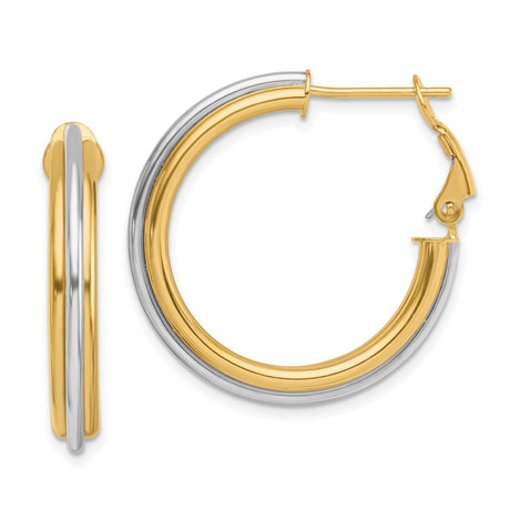 14k Yellow Gold Hoop Earrings, Two Tone Round Design with Omega Back, Polished Finish, Medium Size