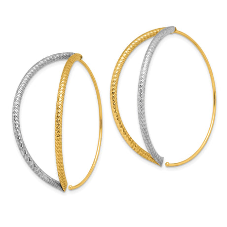14k Yellow Gold Hoop Earrings, Two-Tone Rhodium Finish, Diamond Cut Textured Design