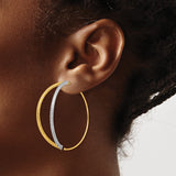 14k Yellow Gold Hoop Earrings, Two-Tone Rhodium Finish, Diamond Cut Textured Design