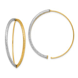 14k Yellow Gold Hoop Earrings, Two-Tone Rhodium Finish, Diamond Cut Textured Design