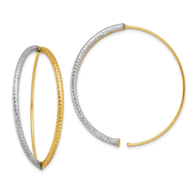 14k Yellow Gold Hoop Earrings, Two-Tone Rhodium Finish, Diamond Cut Textured Design