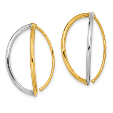 14k Yellow Gold Hoop Earrings, Two-Tone Twist Design with Rhodium for Women