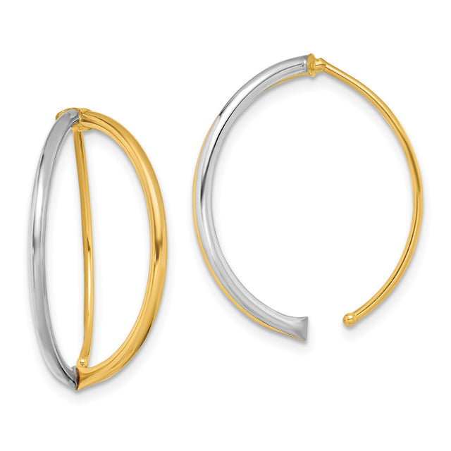 14k Yellow Gold Hoop Earrings, Two-Tone Twist Design with Rhodium for Women