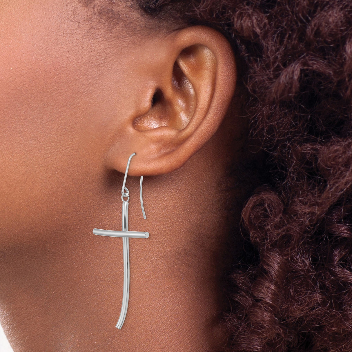 14k White Gold Cross Dangle Earrings, Minimalist Christian Drop Style for Women
