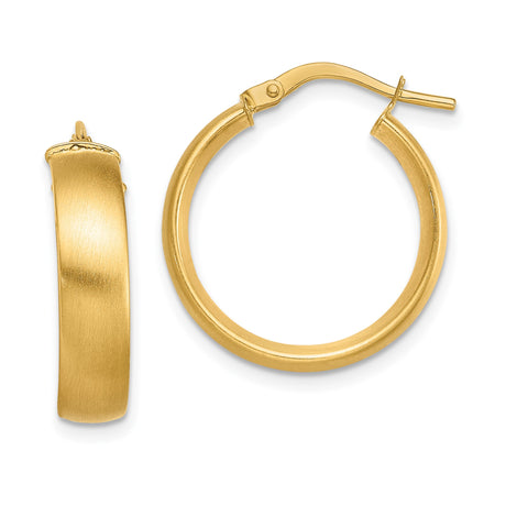 14k Yellow Gold Hoop Earrings with Brushed Finish and Hinged Closure, Medium Size