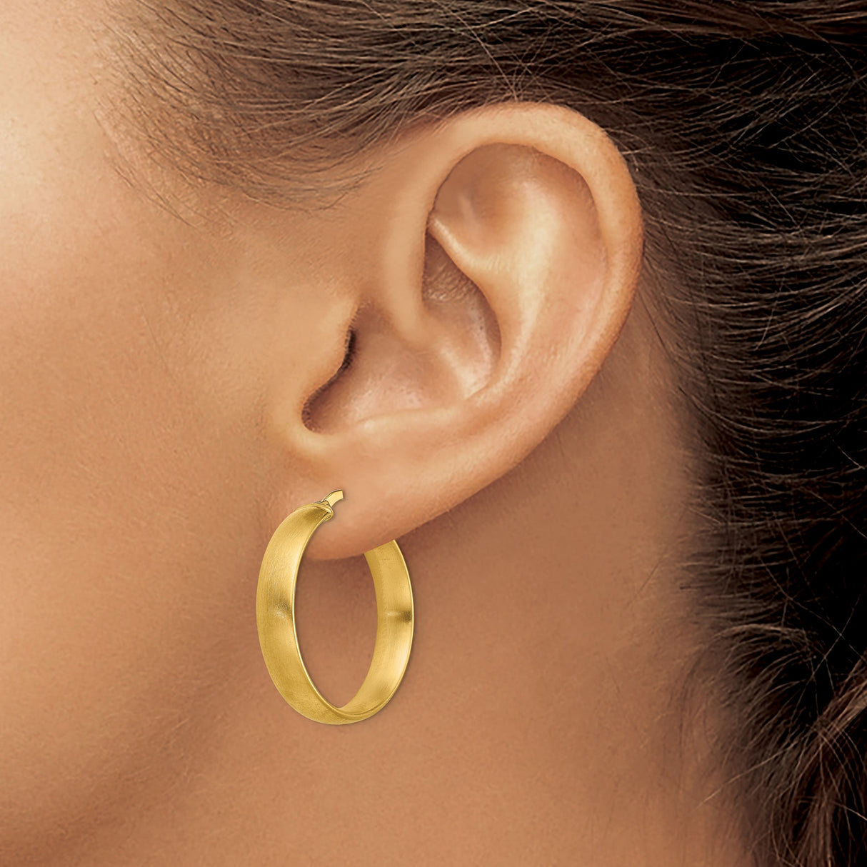 14k Yellow Gold Hoop Earrings with Brushed Satin Finish, Modern Minimalist Style