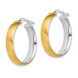 14k Yellow Gold Hoop Earrings, Two-Tone Brushed and Polished Finish, Medium Size for Women