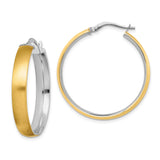 14k Yellow Gold Hoop Earrings, Two-Tone Polished and Brushed Finish, Modern Design for Women
