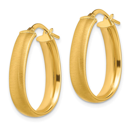 14k Yellow Gold Hoop Earrings, Angular Oval Brushed Finish, Lightweight Modern Minimalist Design