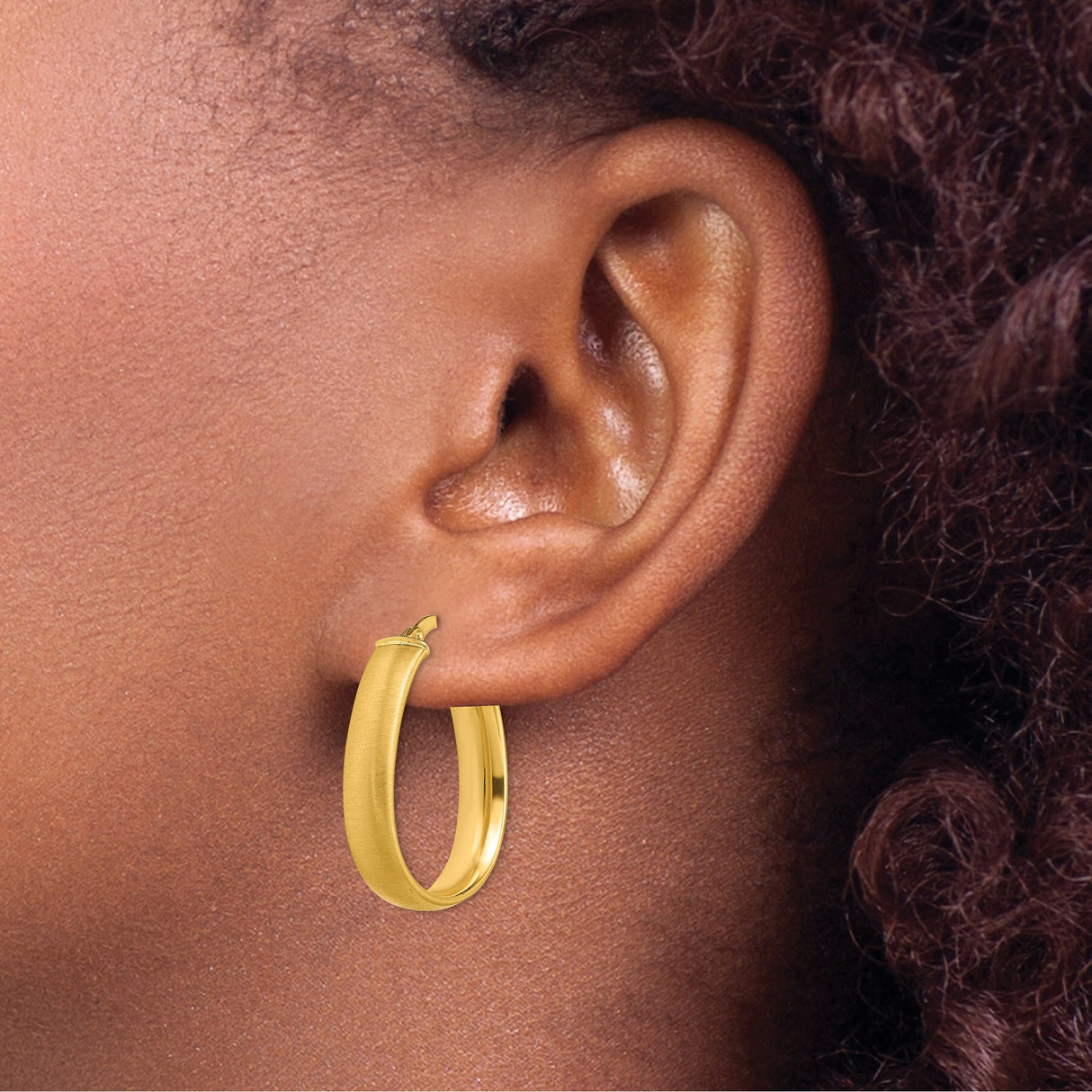 14k Yellow Gold Hoop Earrings, Angular Oval Brushed Finish, Lightweight Modern Minimalist Design