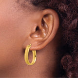 14k Yellow Gold Hoop Earrings, Angular Oval Brushed Finish, Lightweight Modern Minimalist Design