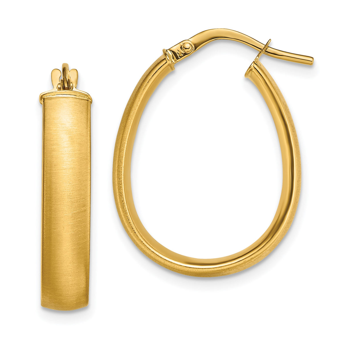 14k Yellow Gold Hoop Earrings, Angular Oval Brushed Finish, Lightweight Modern Minimalist Design