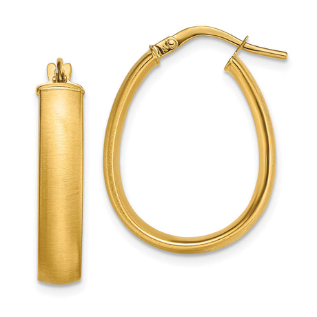 14k Yellow Gold Hoop Earrings, Angular Oval Brushed Finish, Lightweight Modern Minimalist Design