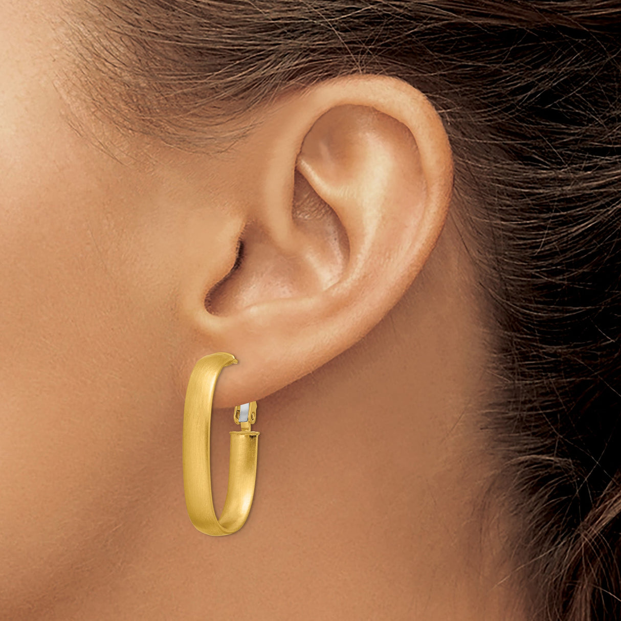 14k Yellow Gold Oval Hoop Earrings, Brushed Finish Minimalist Lightweight Hoops for Women