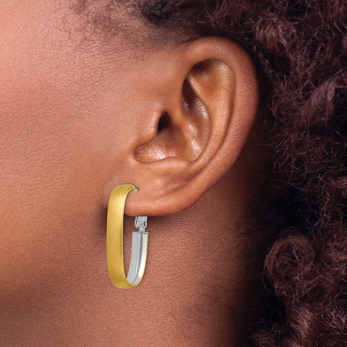 14k Yellow Gold and Sterling Silver Oval Hoop Earrings, Two Tone Brushed and Polished Finish, Omega Back