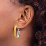 14k Yellow Gold and Sterling Silver Oval Hoop Earrings, Two Tone Brushed and Polished Finish, Omega Back