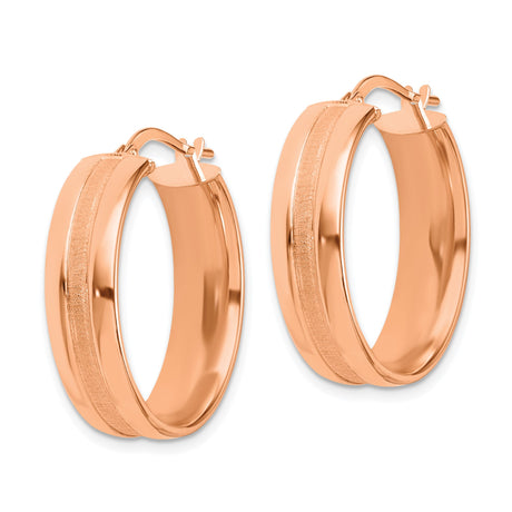 14k Rose Gold Hoop Earrings, Classic Round Design with Textured Stripe and Satin Finish