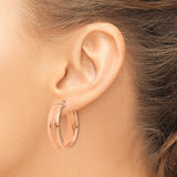 14k Rose Gold Hoop Earrings, Classic Round Design with Textured Stripe and Satin Finish