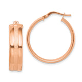 14k Rose Gold Hoop Earrings, Classic Round Design with Textured Stripe and Satin Finish