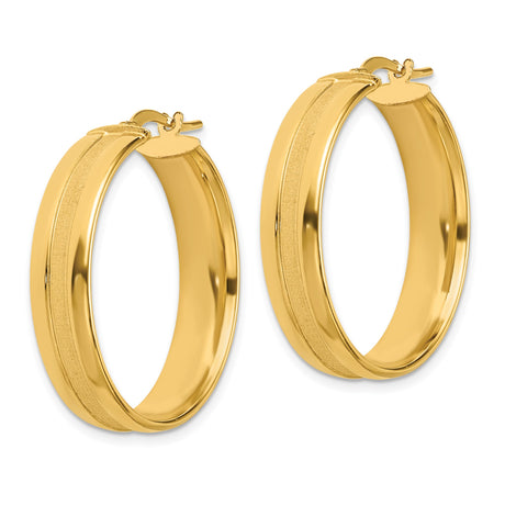 14k Yellow Gold Hoop Earrings with Brushed and Polished Stripe Finish, Medium Hinged Hoops